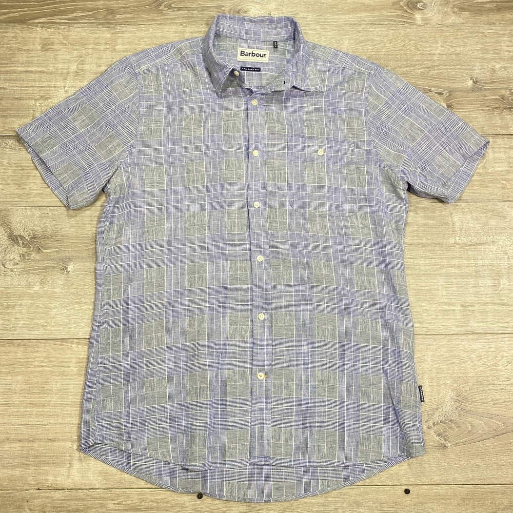 Barbour Shirt Mens Large Blue Gray Plaid Tailored Fit Short‎ Sleeve Linen